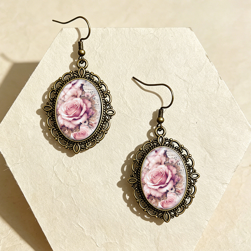 Men's Vintage Musical & Pink Rose Glass Cabochon Earrings